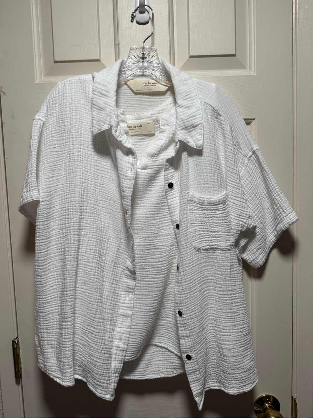 Peace Love World 100% Cotton White Short sleeve Double Gauze Shirt Coastal Boho